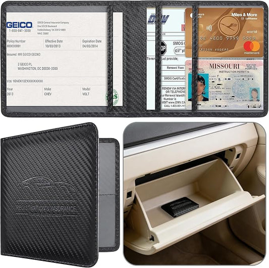 Car Registration and Insurance Holder, Premium Pu Leather Vehicle Glove Box Organizer - for Driver License, Cards & Essential Documents (Carbon Fiber Black)