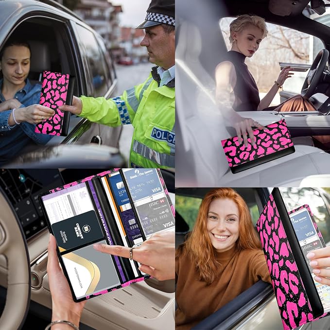 Car Registration and Insurance Holder with Magnetic Closure, Universal Document Organizer for License, Insurance Cards & Glove Box Storage (Leopard-Glitter Hot Pink)