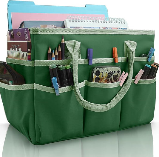 Cupohus Art Organizer Craft Storage Tote Bag with Pockets and Handles, Oxford Fabric Carrying Caddy for Teacher, Officer, Artist, Traveler, and more –Green