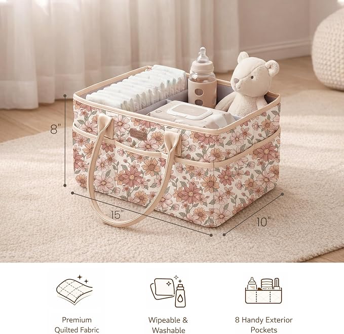 Konssy Floral Quilted Diaper Caddy Organizer, Diaper Caddy Basket with PU Leather Handles, Water-Repellent Nursery Storage Basket, Portable Car Organizer, Registry Search Must Haves (Vintage Petals)