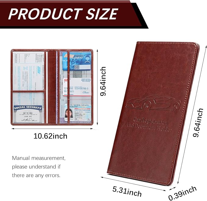 Car Registration and Insurance Card Holder for Women Men, Dark Brown Glove Box Paperwork Organizer with Magnetic Buckle for Easy Access and Protect Documents and Various Cards in Vehicle
