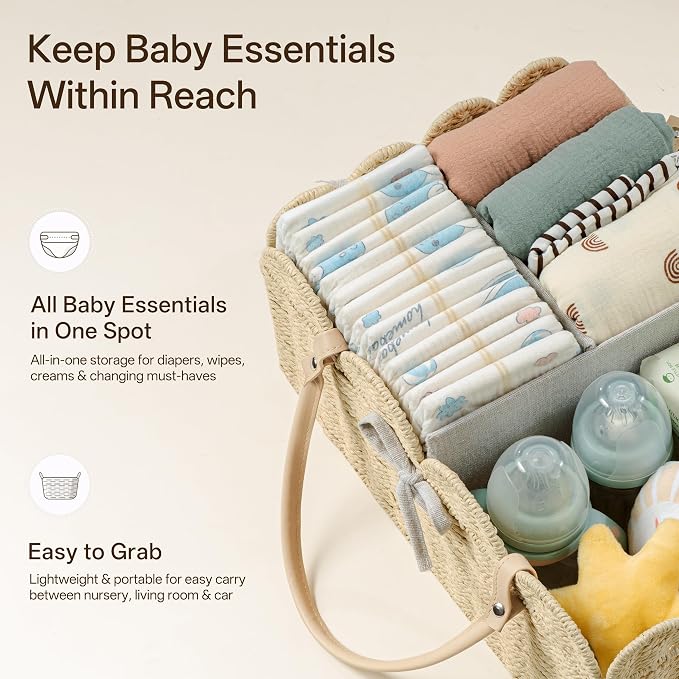 Angelhood Scalloped Paper Rope Diaper Caddy, Woven Floral Baby Diaper Organizer with Dividers for Changing Table, Nursery & Car Portable Baby Gift Basket