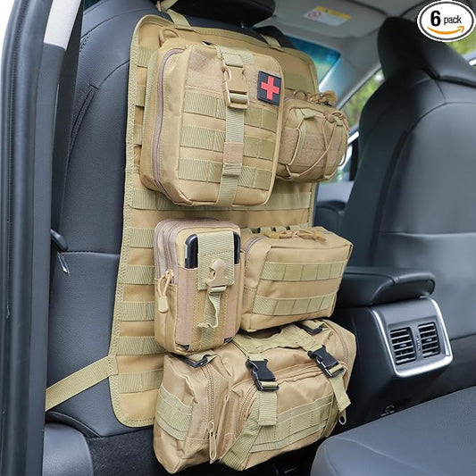 truck seat organizer and storage tactical car back seat back organizer with a Molle Vehicle Panel and 5 Different Size Molle Pouches for most models such as Jeep,SUV,Pickup (Khaki)
