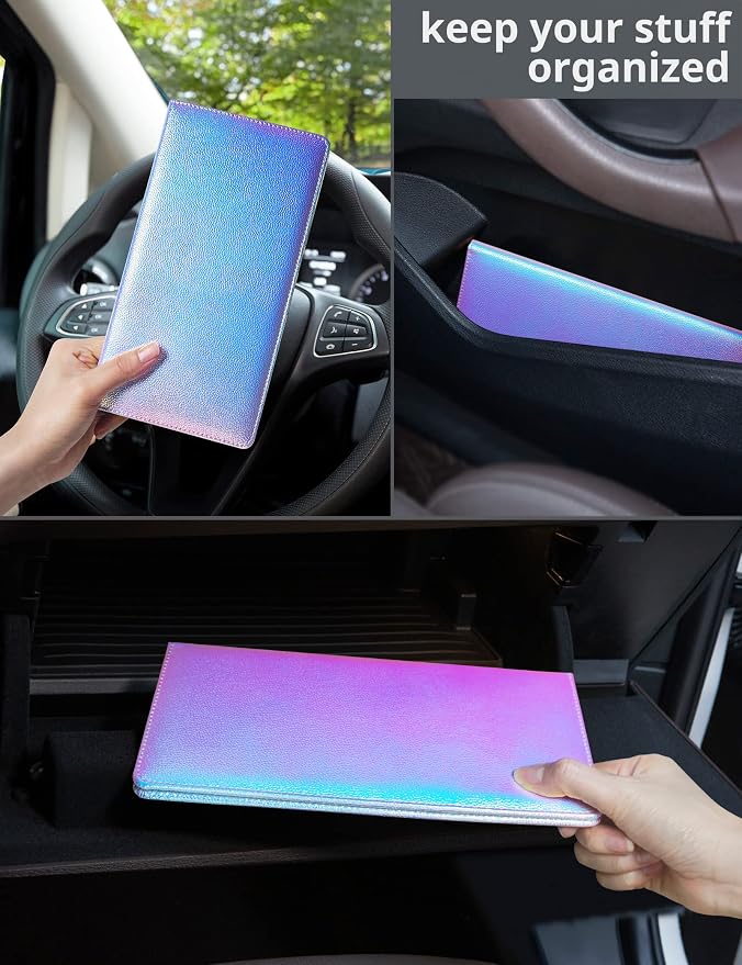 Mymazn Car Registration and Insurance Holder, PU Leather Glove Box Car Organizer with Magnetic Closure, Car Document Holder for Driver's License & Essential Documents (Iridescent blue)