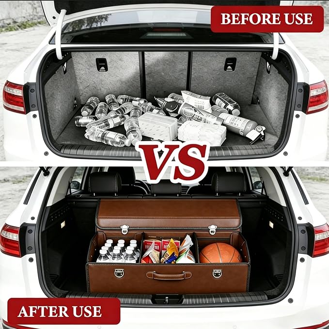 Leather Storage Box Car Trunk Organizer for Trunk SUV Sedan, Foldable Storage Box with Lid (Brown 29.5" L*12.2" W*11.8" H)