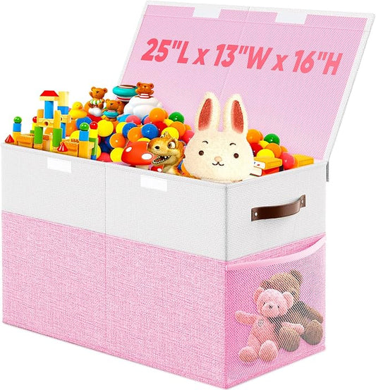 Large Toy Storage Box with Lid Divider, Sturdy Collapsible Toys Organizer Chest Kids Storage Bins Boxes Baskets for Boys, Girls, Nursery, Bedroom, Living Room, Playroom, 25"x13"x16", Pink and White