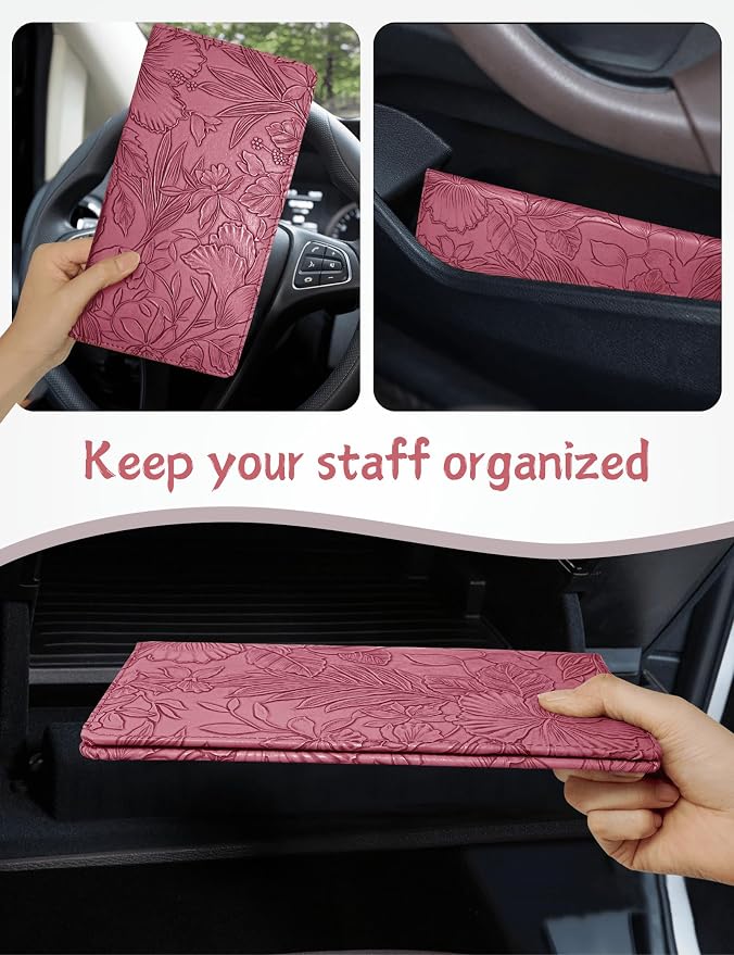 Mymazn Car Registration and Insurance Holder, PU Leather Glove Box Car Organizer with Magnetic Closure, Car Document Holder for Driver's License & Essential Documents (Floral Red)