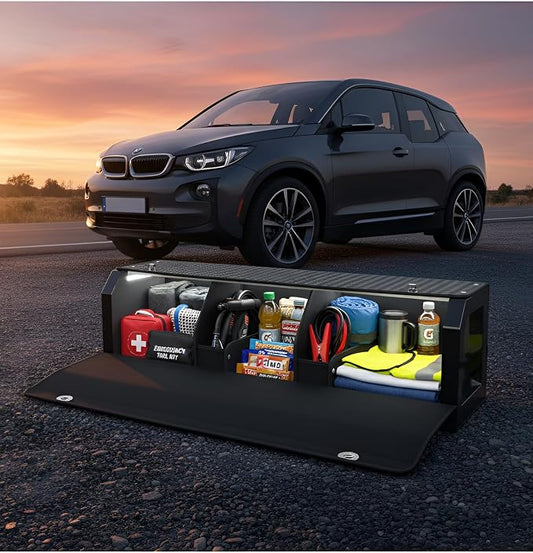 Car Trunk Storage Organizer with Light, Waterproof Trunk Organizer with Lid & Sturdy Handle, Leather SUV Cargo Storage Box Powered by 4 AA Batteries (Batteries Not Included) (37 inch)
