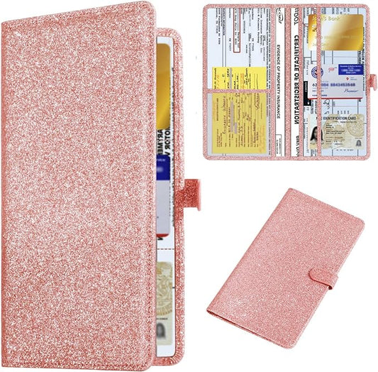TILDOSAC Car Registration & Insurance Card Holder Leather Auto Glove Box Organizer Document Wallet with Magnetic Shut (Glitter Rose, large)