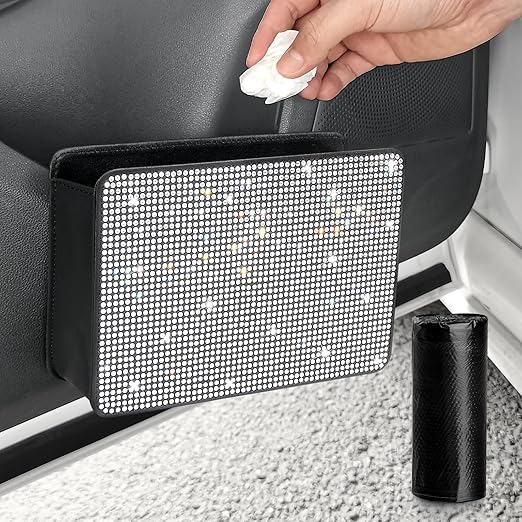 Accmor Bling Car Trash Can, Foldable Vehicle Trash Bin Dustbin Garbage Organizer Storage, Sparkling Crystal Rhinestone Trash Bags Holder Container with 30pcs Garbage Bag Car Accessories for Auto, SUV