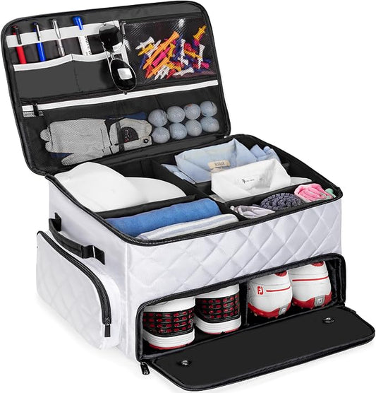 PGmoon 2 Layer Golf Trunk Organizer, Golf Car Storage Organizer with Individual Ventilated Compartment for 2 Pairs Shoes, Golf Car Locker for Balls, Clothes, Tees, Gloves, Accessories (White)