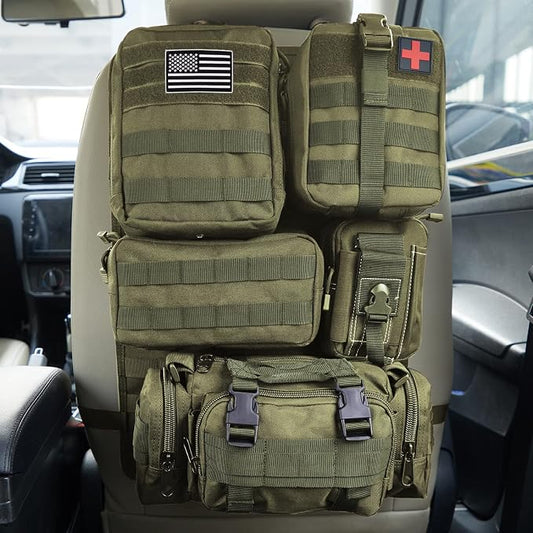 Universal Tactical Seat Back Organizer Vehicle Molle Panel Organizer Storage Bag with 5 Detachable Molle Pouch for All Vehicel Such as Jeep,Truck,SUV, Car, Ford,Chevy etc