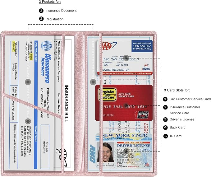 TOURSUIT Car Registration and Insurance Card Holder, Vehicle License Document Glove Box Compartment Organizer, Interior Car Accessories for Women Men (Rose Gold)