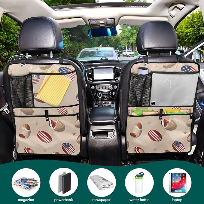 Brown Football and Flag 2 Pack Backseat Car Organizer with Storage Pockets Seat Back Organizers for Kids Kick Mats Backseat Protector Automotive