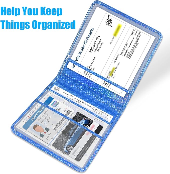 DMLuna Car Registration and Insurance Holder, Folio Leather Vehicle Card Document Glove Box Organizer, Driver License Cards, Royal Blue Glitter