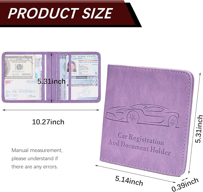 Car Registration and Insurance Holder, Vehicle Glove Box Car Organizer with Magnetic Closure for Documents, Cards, License Car Organization, 1-Pack Purple