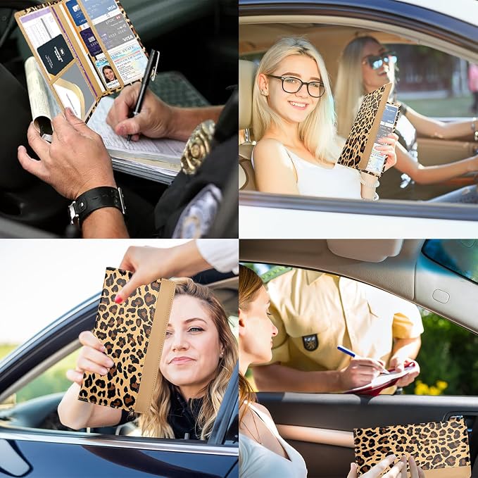 Car Registration and Insurance Holder with Magnetic Closure, Universal Document Organizer for License, Insurance Cards & Glove Box Storage (Leopard-Brown)