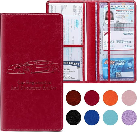 Car Registration and Insurance Card Holder for Women Men, Red Glove Box Paperwork Organizer with Magnetic Buckle for Easy Access and Protect Documents and Various Cards in Vehicle