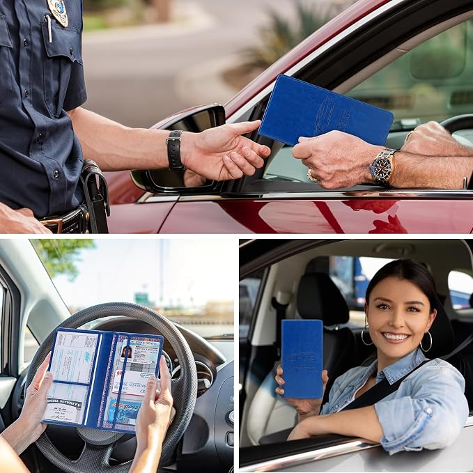 Car Registration and Insurance Card Holder for Women Men, Dark Blue Glove Box Paperwork Organizer with Magnetic Buckle for Easy Access and Protect Documents and Various Cards in Vehicle
