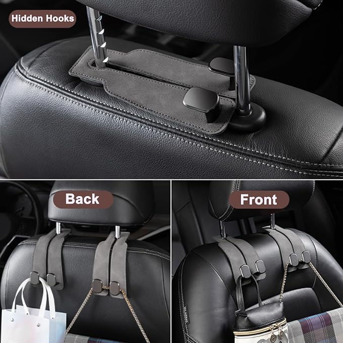 Amelity Universal Car Headrest Hooks, Women’s Car Interior Accessories for Purses Handbags Grocery & Backpacks, Brown 2 Pack