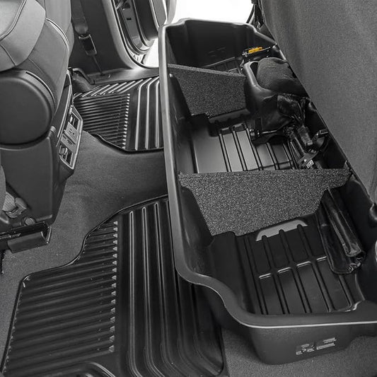 Rough Country Under Seat Storage for Chevy Silverado & GMC Sierra 1500/2500HD/3500HD Double Cab (2019-2026) - Custom Rear Under Seat Organizer Tray Without Lid