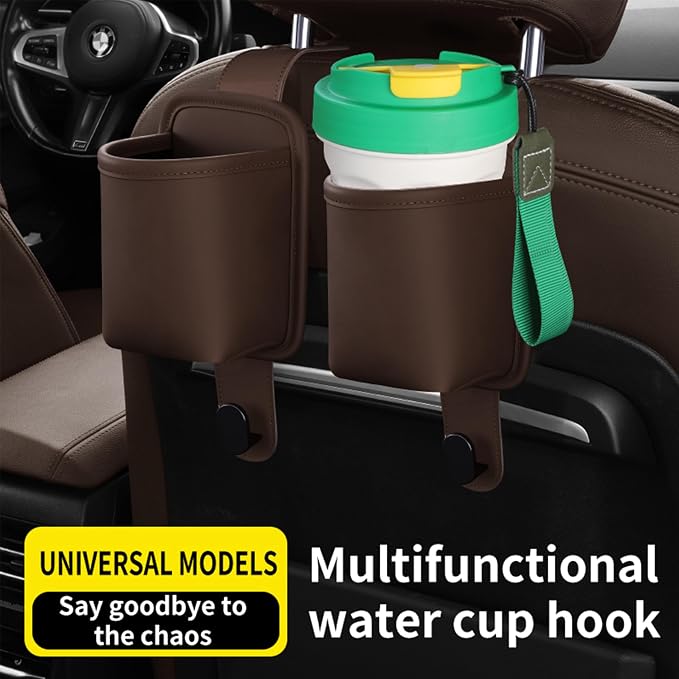 2-Pack Car Seat Back Cup Holder Organizer, Brown | Faux Leather, With Hooks, Universal Backseat Storage, For Drinks, Bottles & Travel Accessories
