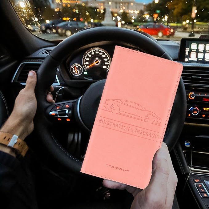 TOURSUIT Car Registration and Insurance Card Holder, Vehicle License Document Glove Box Compartment Organizer, Interior Car Accessories for Women Men (Pink)