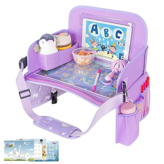 MENZOKE Kids Travel Tray for Toddler Car Seat, Toddler Gift for Girl Activities with Dry Erase Board & iPad Holder Stand, Road Trip Essentials Accessories Lap Tray for Girl as Birthday Gift, Purple
