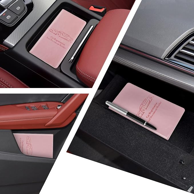 Car Registration and Insurance Card Holder for Women Men, Pink Glove Box Paperwork Organizer with Magnetic Buckle for Easy Access and Protect Documents and Various Cards in Vehicle