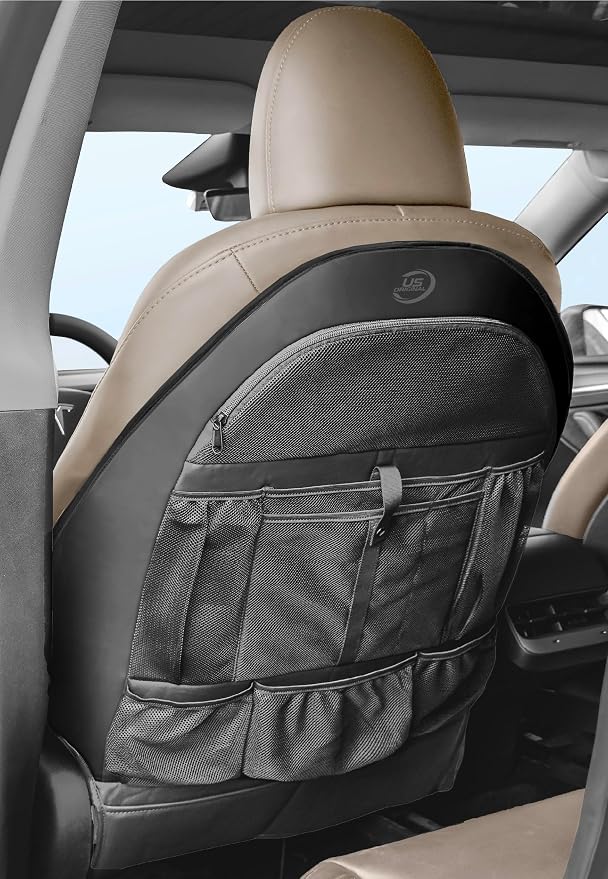 Back Seat organizer for Tesla Model 3 / Model Y (Premium Vegan Leather) Custom fit Car Seat Back Protector with Storage Pockets (Black)