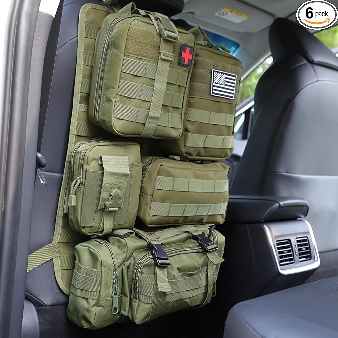 tactical car seat back organizer and storage truck seat covers with a Molle Vehicle Panel and 5 Different Size Molle Pouches for most models such as Jeep,SUV,Pickup (Army green)