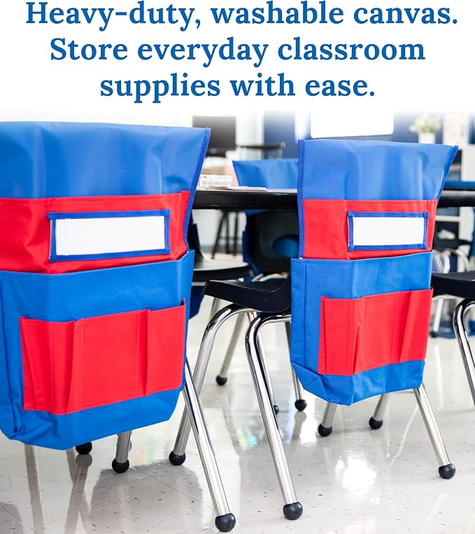 Carson Dellosa 6-Pack Blue and Red Chairback Buddy Pocket Chart Set, 15" x 19" Back of Chair School Supplies Pocket Organizer With Name Tag and 6 Chair Pockets for Classrooms, Classroom Organization