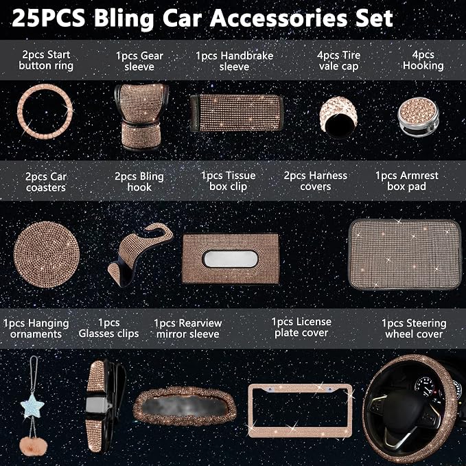 25PCS Bling Car Car Accessories Set,15 Inch Steering Wheel Cover,Shiny License Plate Frame,Center Console Cover and Rearview Mirror Set and Other Car Accessories(Champ)