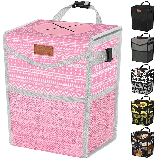 Pritent Car Trash Can with Lid, Cute Leakproof Car Trash Garbage Bag Hanging Vehicle Trash Bin Small Portable Automotive Garbage Cans Organizer for Back/Front Seat/Console(Trapezoid,Pink Print)