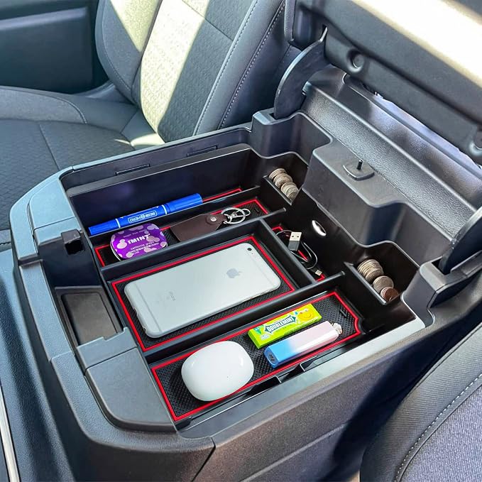 [Full-Coverage ] Center Console Organizer Compatible with 2019-2022 Chevy Silverado 1500/GMC Sierra 1500 and 2020-2023 Silverado/Sierra 2500/3500HD Accessories, Armrest Insert Tray, Red