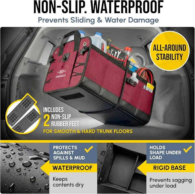 5-Section Trunk Organizer for SUV, Truck, Sedan, Van – Modular Extra Large Cargo Storage Bin, Detachable Car Trunk Organizer with Dividers, Collapsible Auto Organization System – Cherry Red