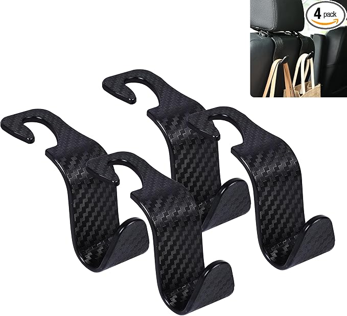 Car Seat Headrest Hook Universal Vehicle Seat Hook Hangers Interior Storage Organizer for Purse Handbag Coats Umbrellas Grocery Bags 4 Pack Black