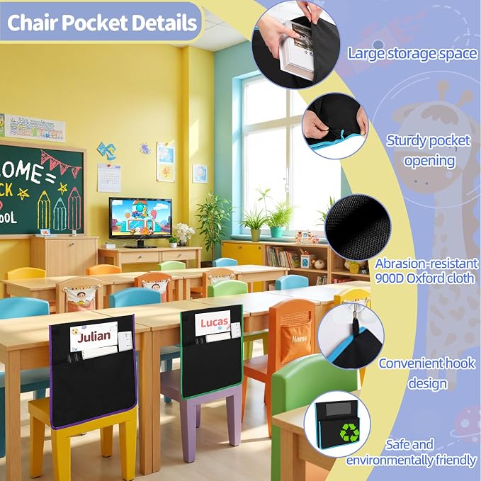 24 PCS Chair Pockets for Classroom, 15.6x16.8 Inch Seat Pockets for Classroom Chairs, Black Seat Sacks for Classroom Chairs with Name Tag, Back of Chair Organizer for Kids in Classroom