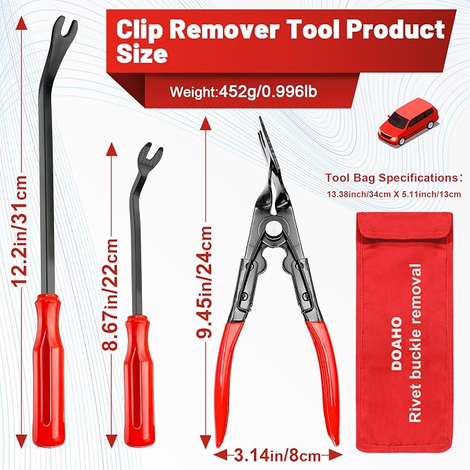 DOAHO 17Pcs Mechanic Hook and Pick Tool Set & Car Trim Removal Kit with Fastener Clip Pliers,Rivet Puller,Magnetic Pickup,Gasket Scraper,Non-Scratch Plastic Pry Tools for Automotive Repair-Red