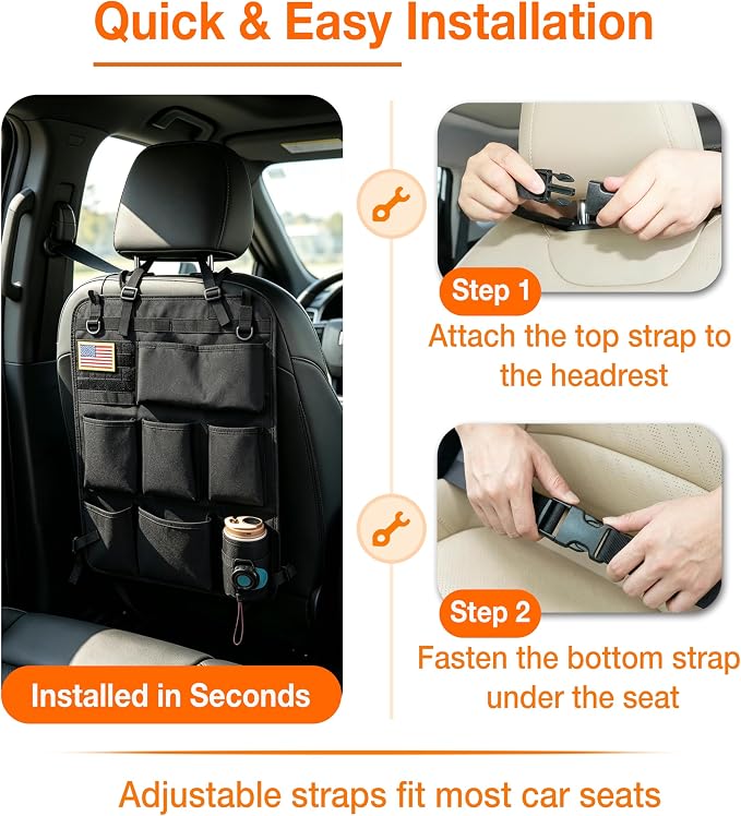 Tactical Car Seat Back Organizer with 8 Pockets, MOLLE Seat Organizer with Hook & Loop Panel, Universal Fit for Car SUV Truck Jeep