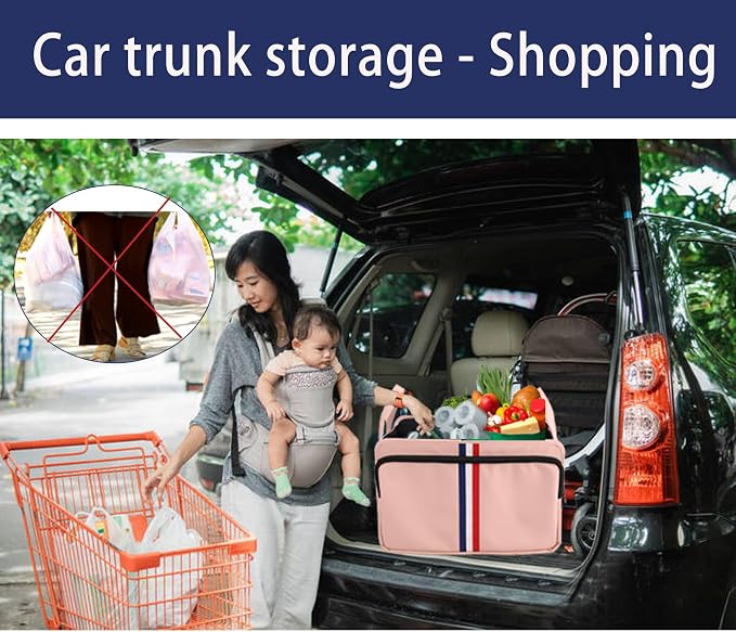 Homeve Trunk Organizer for Car, Waterproof Collapsible 3 Compartments Car Organizer, Foldable Storage for Car Accessories, Tools, Sundries for Women Men, Tote Bag (Pink, Standard)