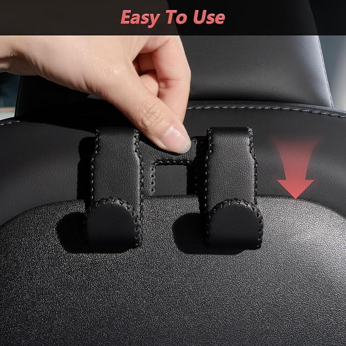 Car Seat Hooks for Tesla Model Y(Juniper) Model 3(Highland), Leather-Wrapped with Stainless Steel Core & Handmade Stitching, Purse Hanger Bag Holder, Automotive Seat Back Organizers (Black-2 Pack)