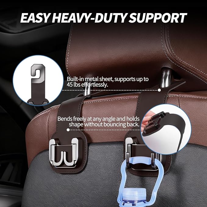 2 Packs Headrest Hooks for Car, Hidden Twinhook Leather & Metal Car Purse Holders, Universal for BMW X5 X3 X1 X7 Accessories, Seat Back Storage Organizer Hanger for Purse Bag Phones(Brown)