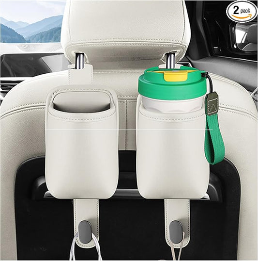 2-Pack Car Seat Back Cup Holder Organizer, White | Faux Leather, With Hooks, Universal Backseat Storage, For Drinks, Bottles & Travel Accessories