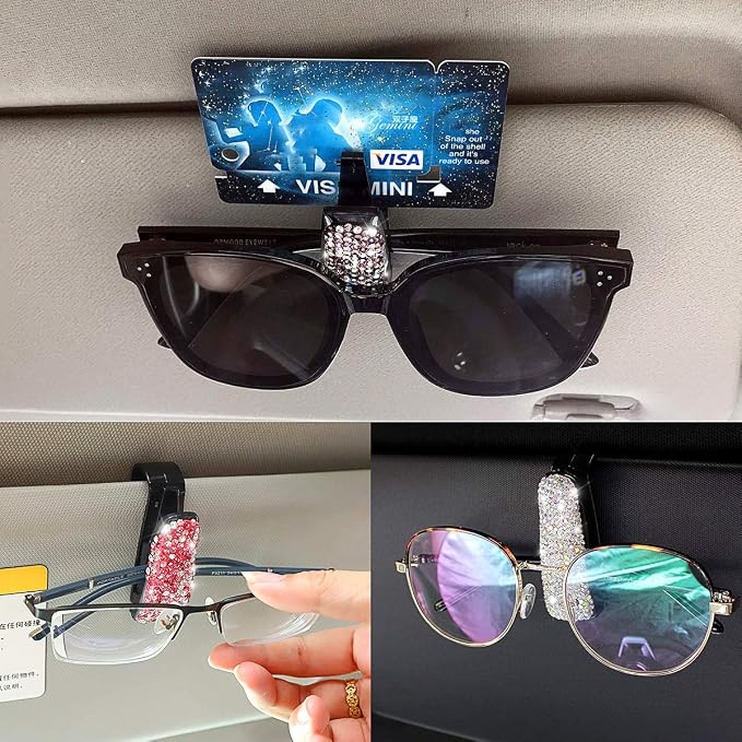 Moly Magnolia 2 PCS Glasses Holders for Car Sun Visor, Fashion Bling Crystal Rhinestones Car Eyeglasses Sunglasses Hanger Mount with Ticket Card Clip for Women Girls (Purple)