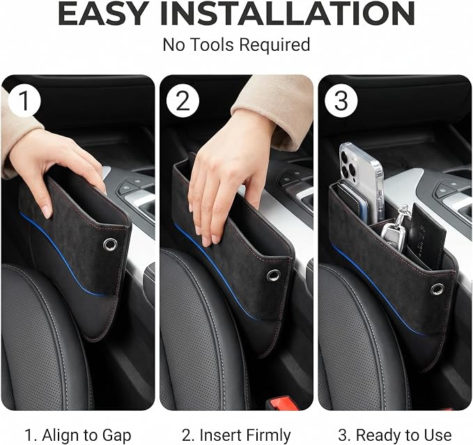1 PC Car Seat Gap Filler, Multifunctional Leather Storage Box with Cable Port, Anti-slip Organizer for Phone Key Card, Universal for Most Cars, Trucks, SUVs (Black)