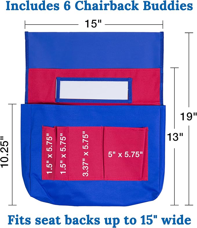 Carson Dellosa 6-Pack Blue and Red Chairback Buddy Pocket Chart Set, 15" x 19" Back of Chair School Supplies Pocket Organizer With Name Tag and 6 Chair Pockets for Classrooms, Classroom Organization