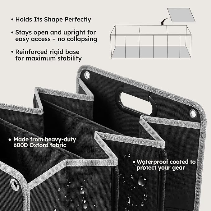 50L Car Trunk Organizer, Heavy-Duty 600D Oxford Collapsible Storage Box with 3-Compartments & Securing Straps, Foldable Organizer for SUV/Sedan/Truck, Car Accessories Storage