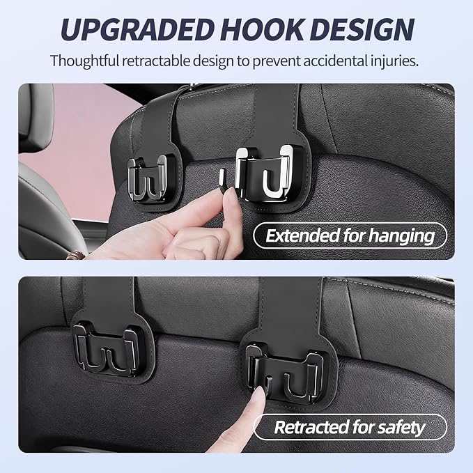 2 Packs Headrest Hooks for Car, Hidden Twinhook Leather & Metal Car Purse Holders, Universal for BMW X5 X3 X1 X7 Accessories, Seat Back Storage Organizer Hanger for Purse Bag Phones(Black)
