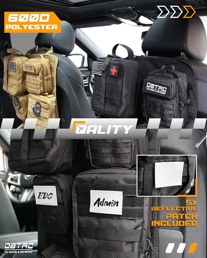 DBTAC Tactical Molle Car Seat Organizer | Vehicle Back Panel with 5X Detachable Pouches, US Flag & Writable Reflective Patch for Cars, Trucks, SUVs, Sedans